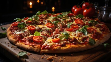 Poster - full pizza with vegetables and meat on wooden table with blur background