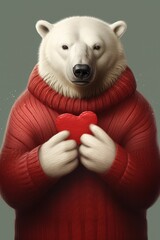 Wall Mural - Cute big polar bear wearing red sweater holding heart. Love and romantic. Valentine’s day concept. Funny cartoon character for card, banner, poster, sticker