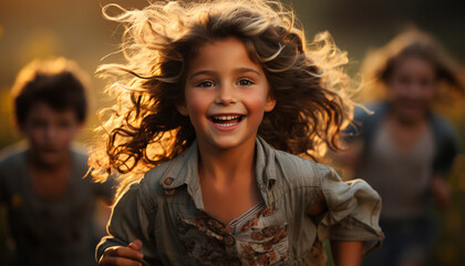 Canvas Print - Smiling child, cheerful girls, playful boys, enjoying carefree summer outdoors generated by AI