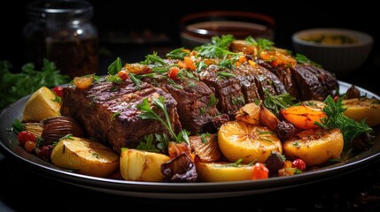 delicious pot roast meat with black and blur background