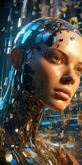 Wall Mural - The face of artificial intelligence with blue light and green lines in the background, in the style of futuristic contraptions, uhd image, textural portraits, mind-bending murals, depth of field