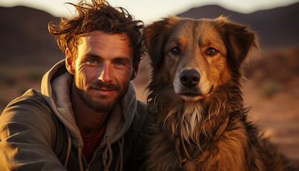 Canvas Print - Two men and a dog, outdoors, smiling and looking at camera generated by AI