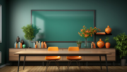 Canvas Print - Modern office with wooden desk, chair, and green plant generated by AI