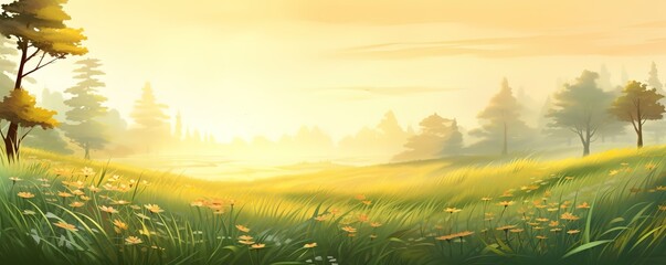 Wall Mural - An illustration of a landscape with green grass and bright sunlight. Generative AI