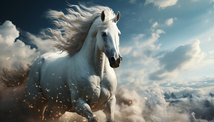 Wall Mural - Majestic stallion running freely in the beautiful nature landscape generated by AI