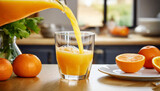 Pouring fresh orange juice into a glass with fresh fruits in background
