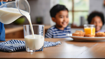 pouring milk into glass for breakfast with children in background