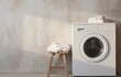 A white washing machine in a gray-walled room. generative AI