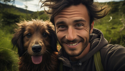 Wall Mural - A man and his dog, smiling outdoors, embracing happiness generated by AI