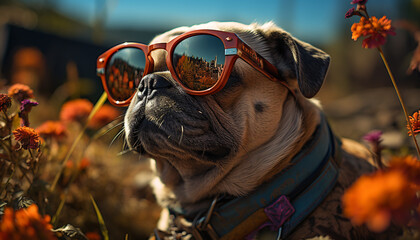 Sticker - Cute pug puppy sitting outdoors, wearing sunglasses, looking at camera generated by AI