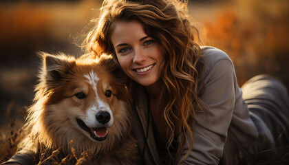 Wall Mural - Smiling woman outdoors with cute dog, happiness and relaxation generated by AI