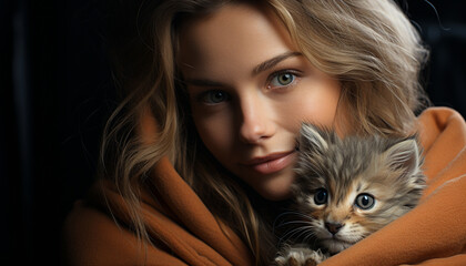 Poster - Smiling woman embraces cute kitten, radiating love and happiness generated by AI