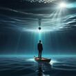 alone man is floating in a deep mind , sci-fi fiction Floating but sinking , highly deep meaning Ai art