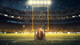 Fototapeta Sport - American football arena with yellow goal post, grass field and blurred fans at playground view. 3D render. Flashlights. Concept of outdoor sport