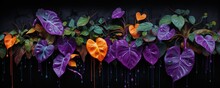 Illustration Of Green And Purple Leaves On A Black Background. Generative AI