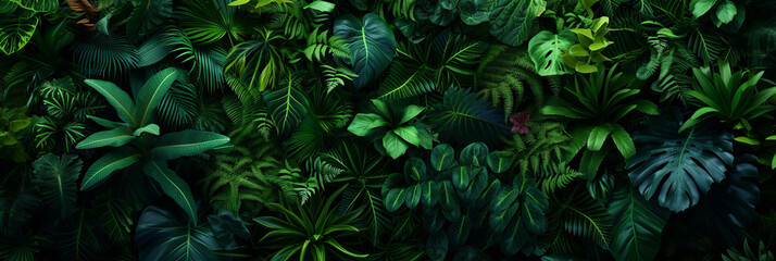 Wall Mural - dark leafy vertical garden with green plants and tropical flowers in nature, generative AI