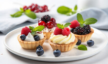 Tasty Tartlets With Berries And Cream On Plate, Closeup