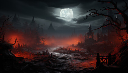 Wall Mural - Spooky Halloween night, dark horror mystery in evil hell forest generated by AI