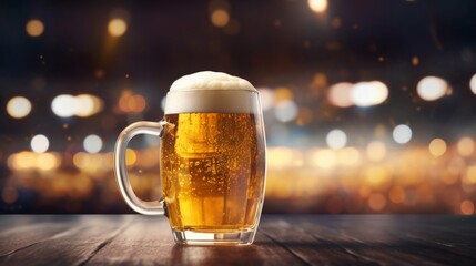 Wall Mural - Close-up of a full beer mug with froth over a warm bokeh light backdrop, suggesting a festive atmosphere.