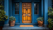 © Jeff - Entryway - Front porch - front door - perfect symmetry - blue building with light brown trim - design and decor - country house entrance
