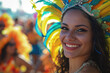 beautiful woman smiling at camera on carnival day samba event