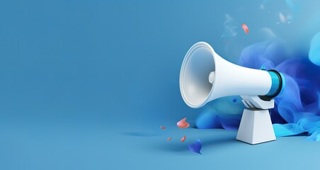 Wall Mural - A white megaphone in the photo on a blue background