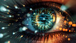 A digital eye with binary code and network data