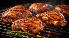 Juicy Grilled Chicken Thighs With Herbs On A Flaming Barbecue Grill, Capturing The Essence Of Summer Grilling.