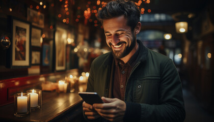 Poster - One young man, smiling, holding a smartphone, enjoying the night generative AI