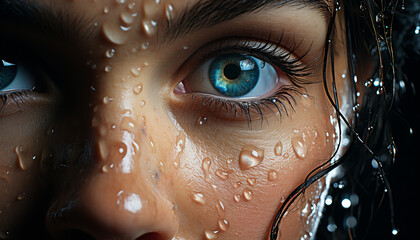 Poster - Young woman looking at camera, wet hair, blue eyes generative AI