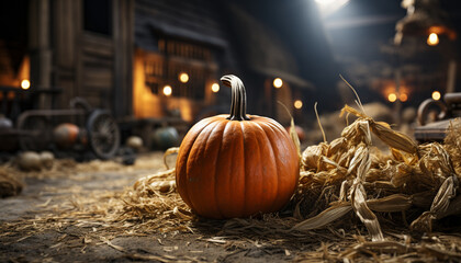 Poster - Autumn harvest pumpkin, gourd, and squash decorate rustic farm generative AI