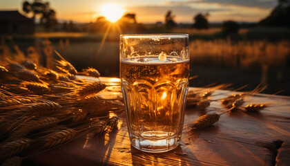 Canvas Print - Sunset celebration at a rural brewery, drinking fresh wheat beer generative AI