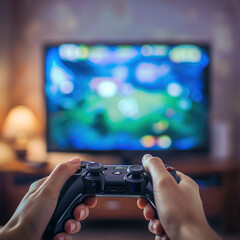 Close-up of a hands holding a Game joystick focused on joystick a blurred background