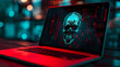 A laptop with a hacker face and a skull indicating a cyberattack