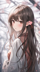 Wall Mural - Hand-drawn anime beautiful illustration of a beautiful girl under the cherry blossom tree in spring
