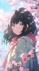 Wall Mural - Hand-drawn anime beautiful illustration of a beautiful girl under the cherry blossom tree in spring

