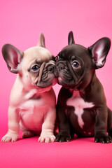 Wall Mural - two cute lovers hug french bulldog puppies on pink background for valentine's day postcard with space for text, generative AI