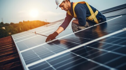 Wall Mural - Construction industry, aerial view. An electrician in a helmet is installing a solar panel system outdoors. Engineer builds solar panel station on house roof