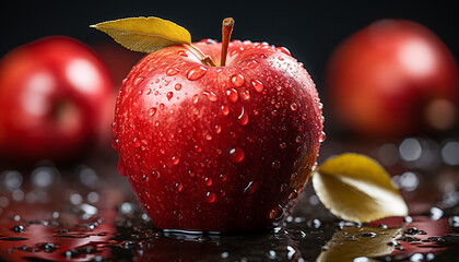 Poster - Fresh apple, wet with dew, reflects vibrant autumn nature generative AI