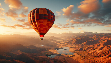 Canvas Print - Hot air balloon flying over mountain range, capturing nature beauty generated by AI