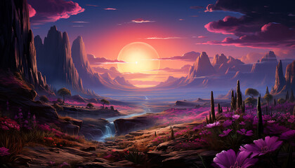 Poster - Sunset over the mountain, a majestic landscape of beauty in nature generated by AI