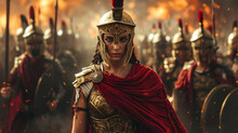 Beautiful Ancient Roman Female Commander With The Army On A Battlefield..