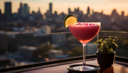 Sticker - Refreshing cocktail with fruit, cityscape backdrop, on outdoor bar table generated by AI