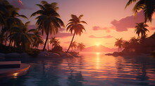 Sunset At A Tropical Beach With Water And Palm, Generative AI