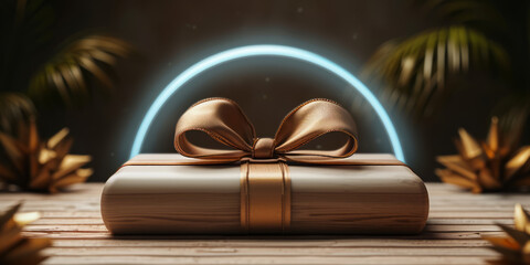 Golden gift box with gold ribbon in on a wooden studio with palm trees.