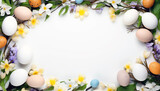 Fototapeta Na sufit - Easter eggs border. Happy Easter concept with easter eggs and flowers. Easter frame with eggs and flowers. Copy space. Greeting card.