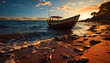 Sunset over the tranquil coastline, a nautical vessel sails into dusk generated by AI