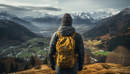 Canvas Print - One person hiking mountain peak, exploring nature beauty in autumn generated by AI