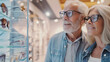 Caucasian middle aged woman and men wearing pair of glasses in optical store, selective focus