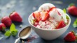 Sweet creamy ice cream with strawberries topping